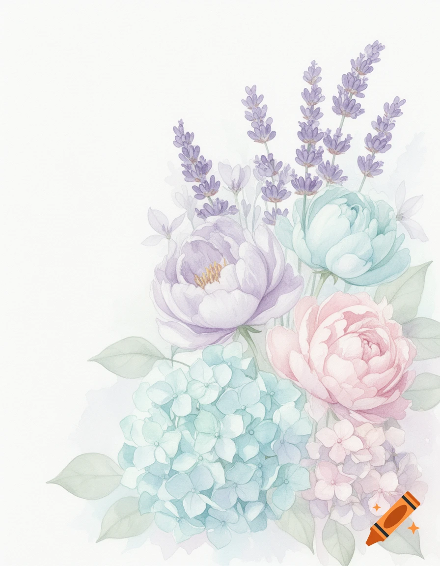 Watercolor illustration of a pastel floral cluster featuring lavender, light aqua peonies, and blue hydrangeas on a white background.
