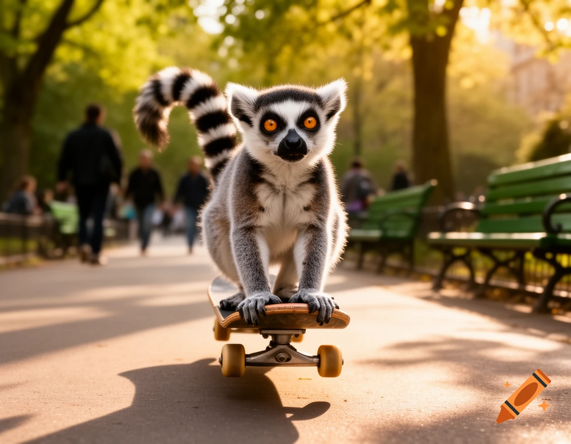 A photorealistic ring-tailed lemur rides a skateboard down a sunny park path with people and benches in the background.
