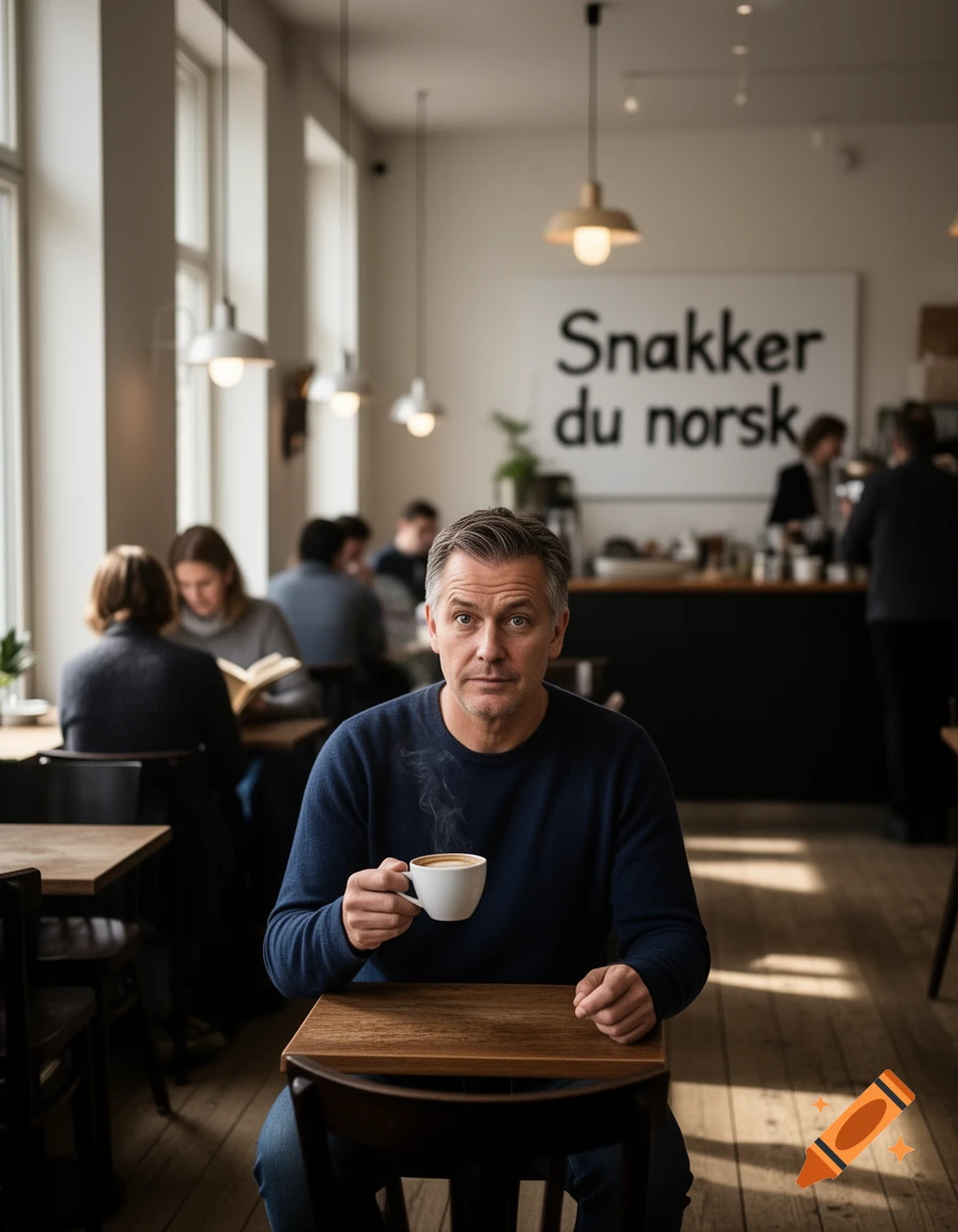 A man sits at a table in a coffee shop, holding a cup, with a sign in the background reading 'Snakker du norsk'.