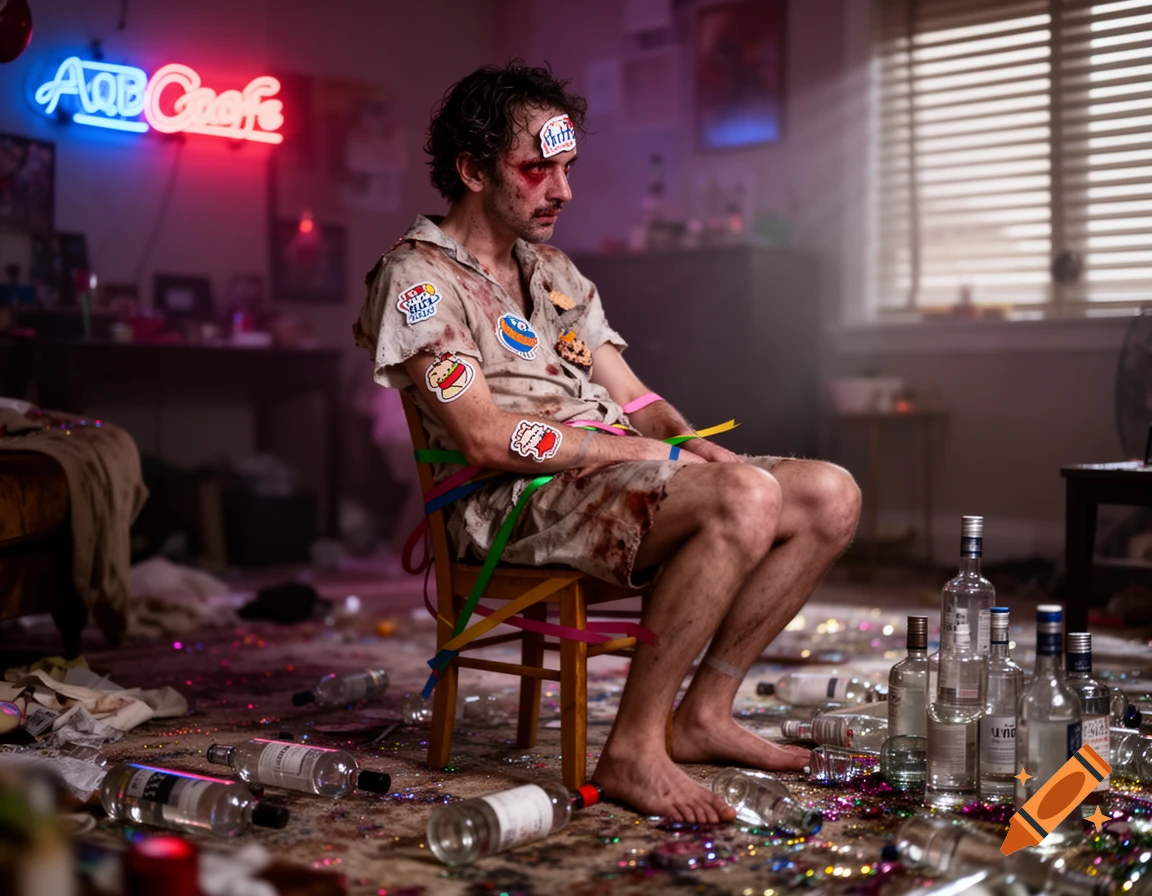 A man covered in blood, sick, and stickers, tied to a chair in a messy room after a party, surrounded by empty vodka bottles.