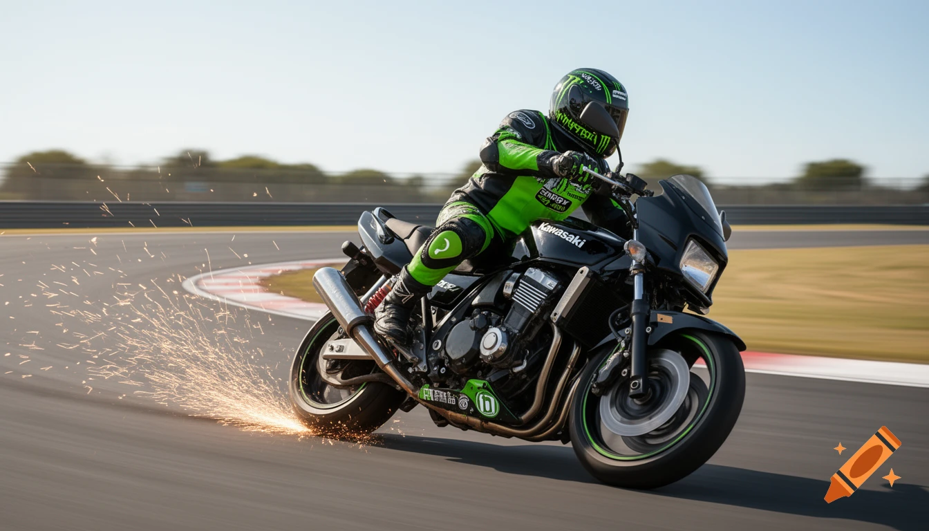 A photorealistic image of a motorcycle racer in green and black gear taking a sharp turn on a track, sparks flying.