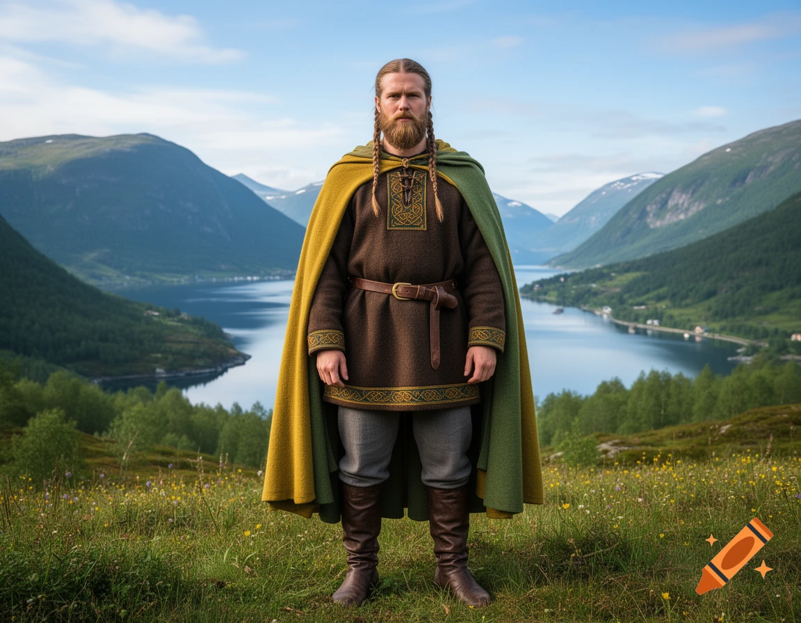 A man in Viking-era attire with braided hair and beard stands in a green meadow overlooking a Norwegian fjord.