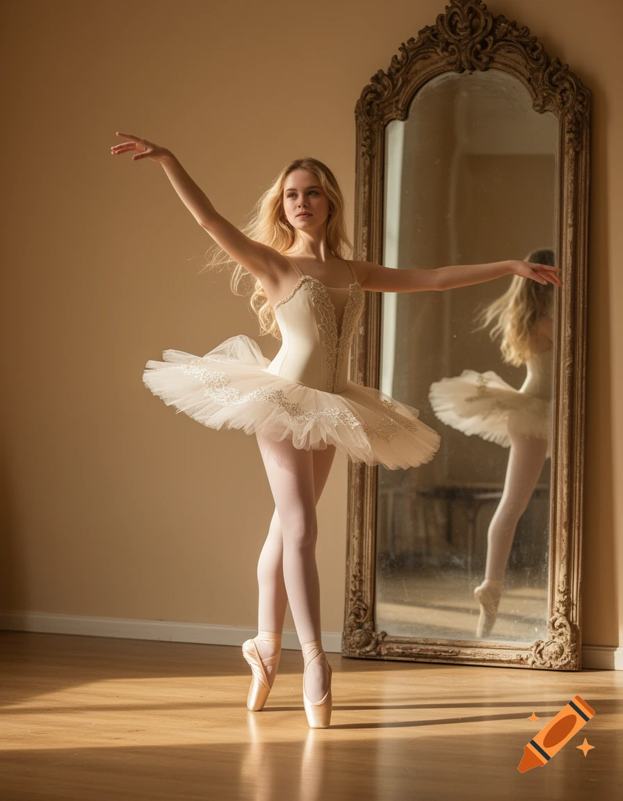 A blonde ballerina in a cream tutu and pointe shoes poses gracefully in front of an ornate mirror in a studio.