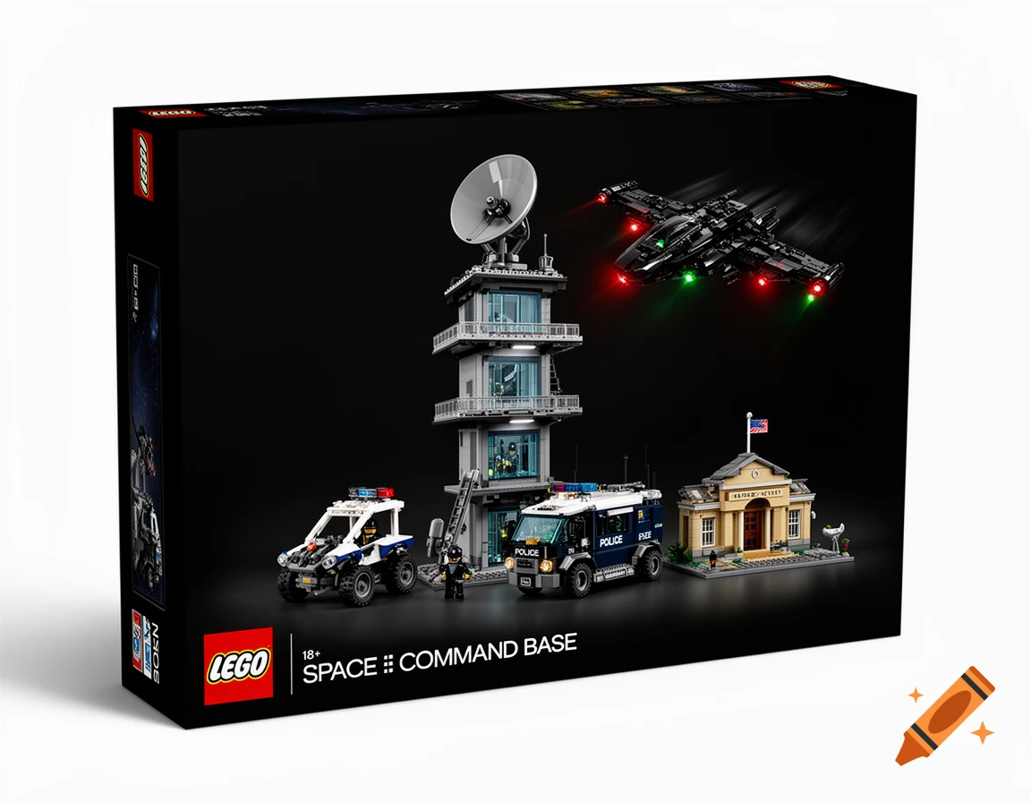 A black LEGO box with a space command base set. It features a tower with a satellite dish, a police buggy, a police truck, a small courthouse, and a black drone flying above.