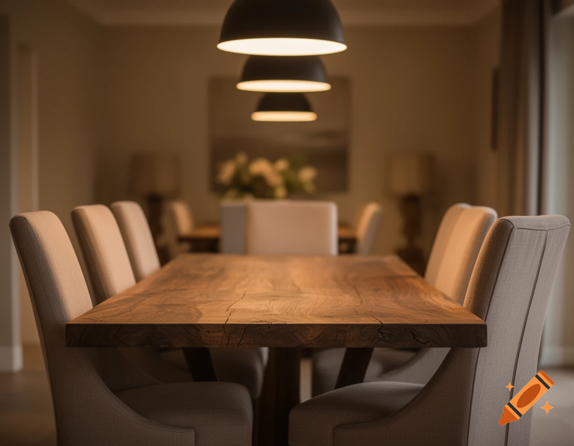 A warm, soft-focused shot of a long wooden dining table surrounded by upholstered chairs in a subtly lit room with pendant lights.