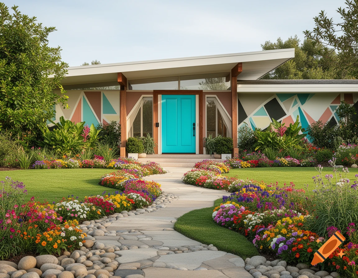 Mid-century modern house with a bright blue door, surrounded by a lush, colorful flower garden and a winding stone path.