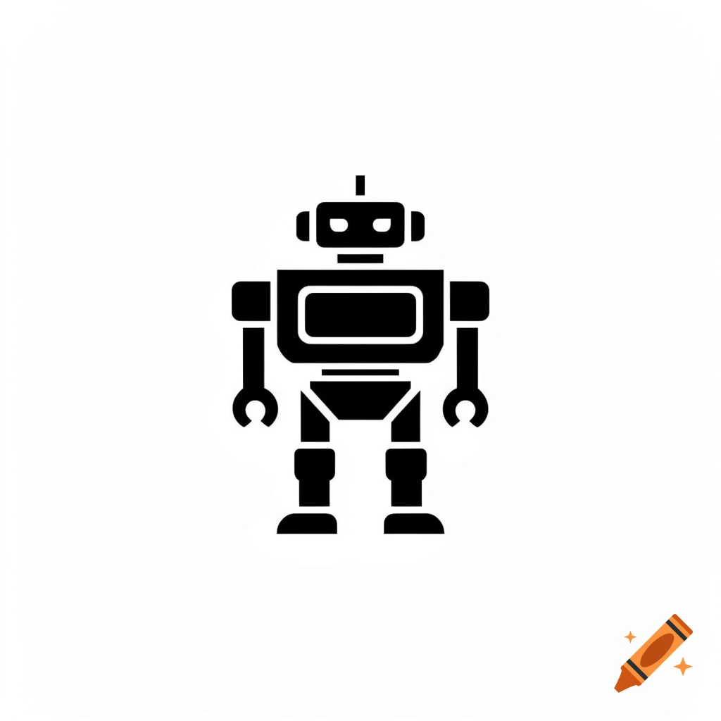 A minimalist black and white icon of a robot.