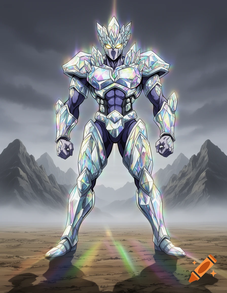 Anime-style humanoid in iridescent crystal armor stands on a barren plain with mountains under a cloudy sky.