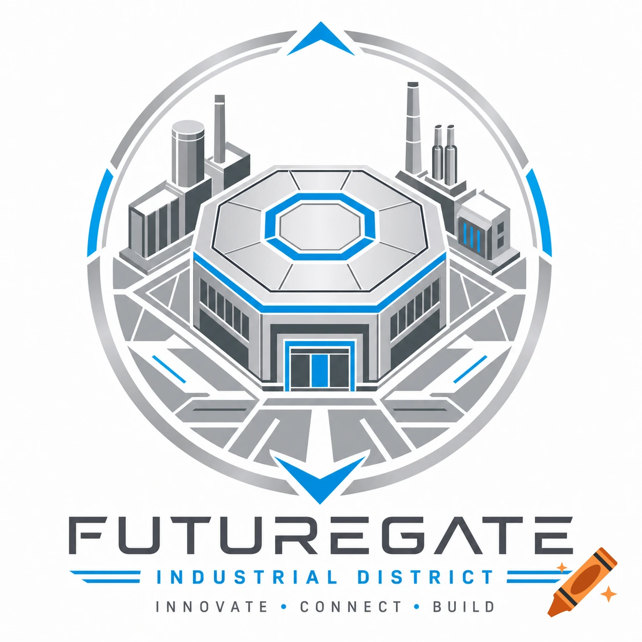 A futuristic logo for 'Futuregate Industrial District' featuring a central octagonal building, surrounded by factories, and circular elements in silver, gray, and bright blue.