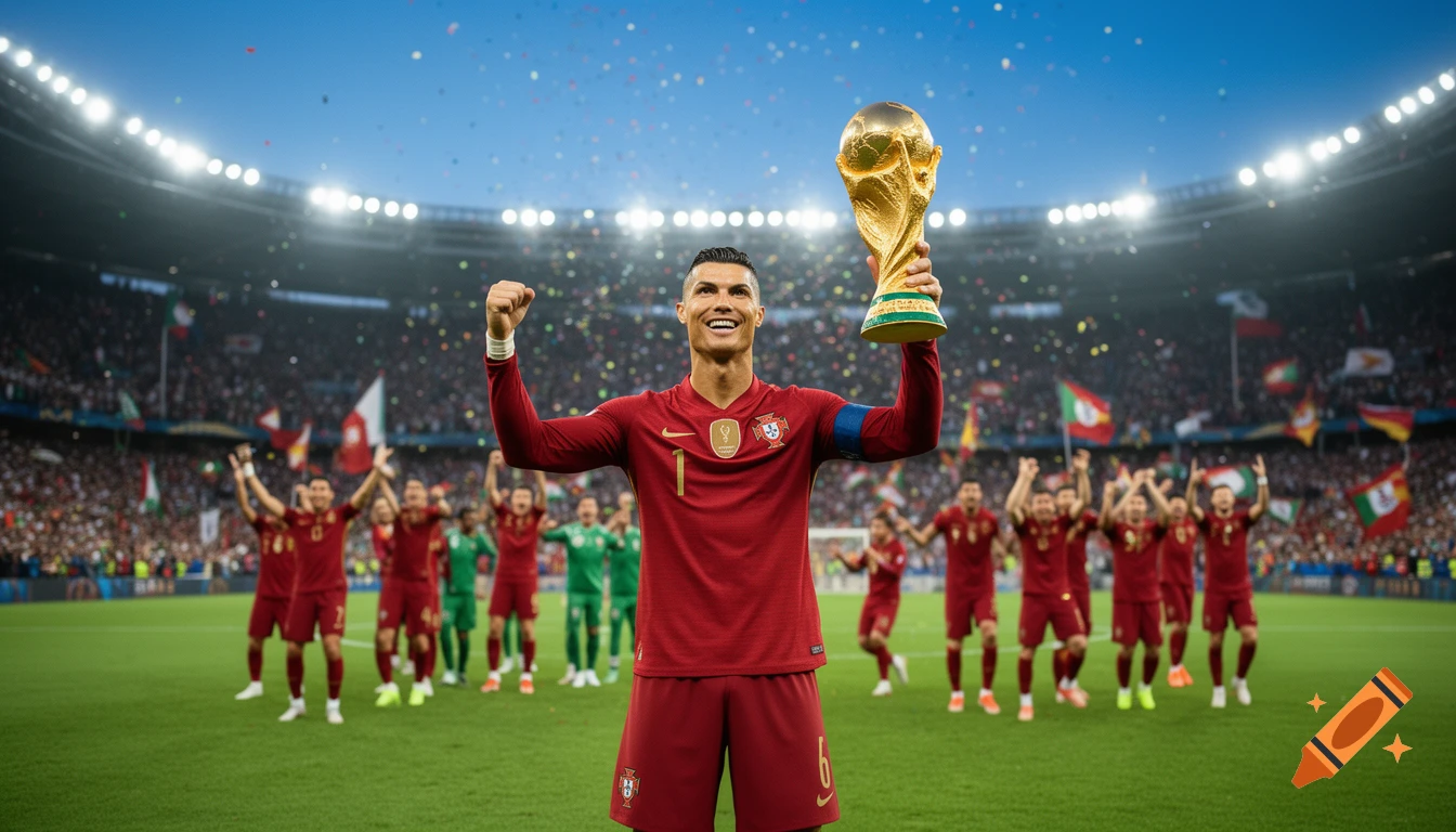 Photorealistic image of Cristiano Ronaldo in a red uniform holding the World Cup trophy aloft in a stadium filled with cheering fans and confetti.