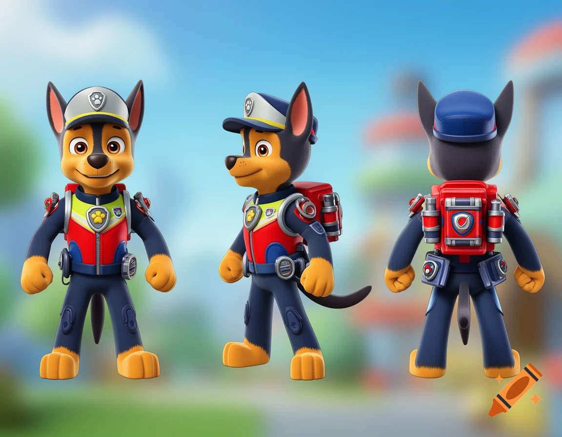 Three views of Chase from Paw Patrol in his police uniform, front, side, and back, against a blurred outdoor background.