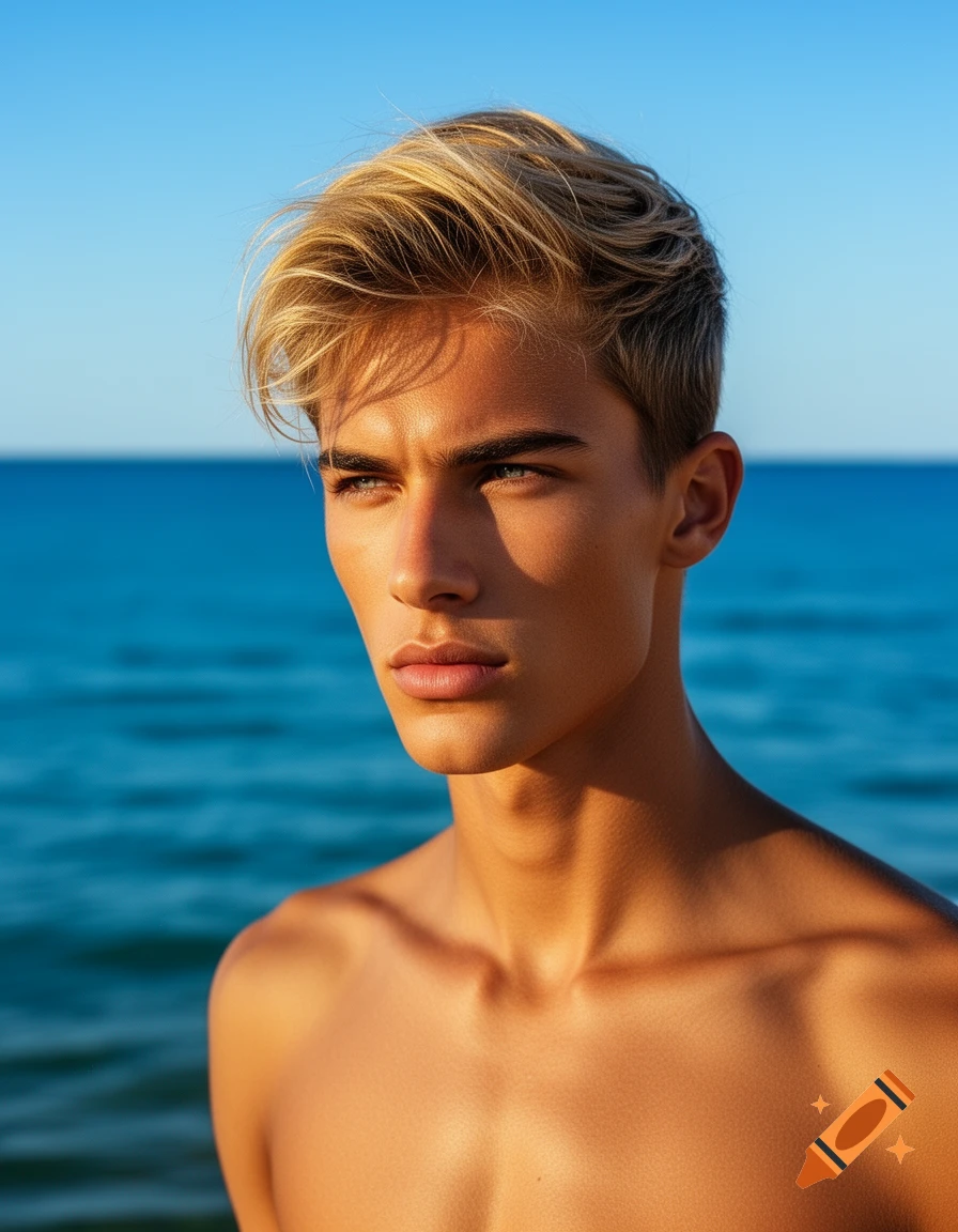 Photorealistic portrait of a young, tanned man with blonde hair against a blue sea background.