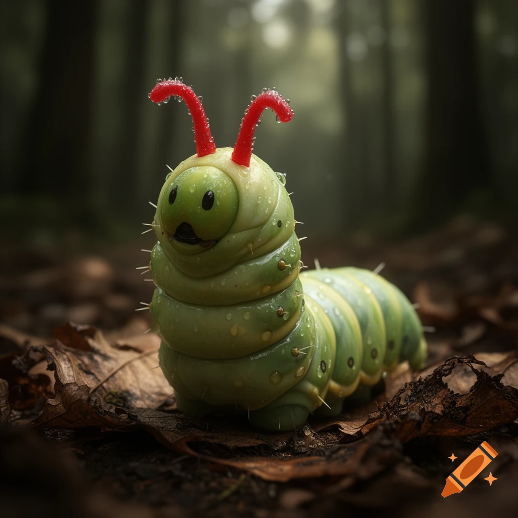 A hyper-realistic green caterpillar with red antennae and water droplets crawls on a dark forest floor among leaves.