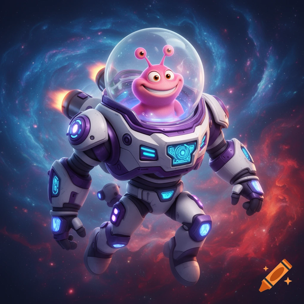 A pink, bug-eyed alien in a futuristic white and purple space suit with glowing gadgets and thrusters floats through a vibrant nebula.