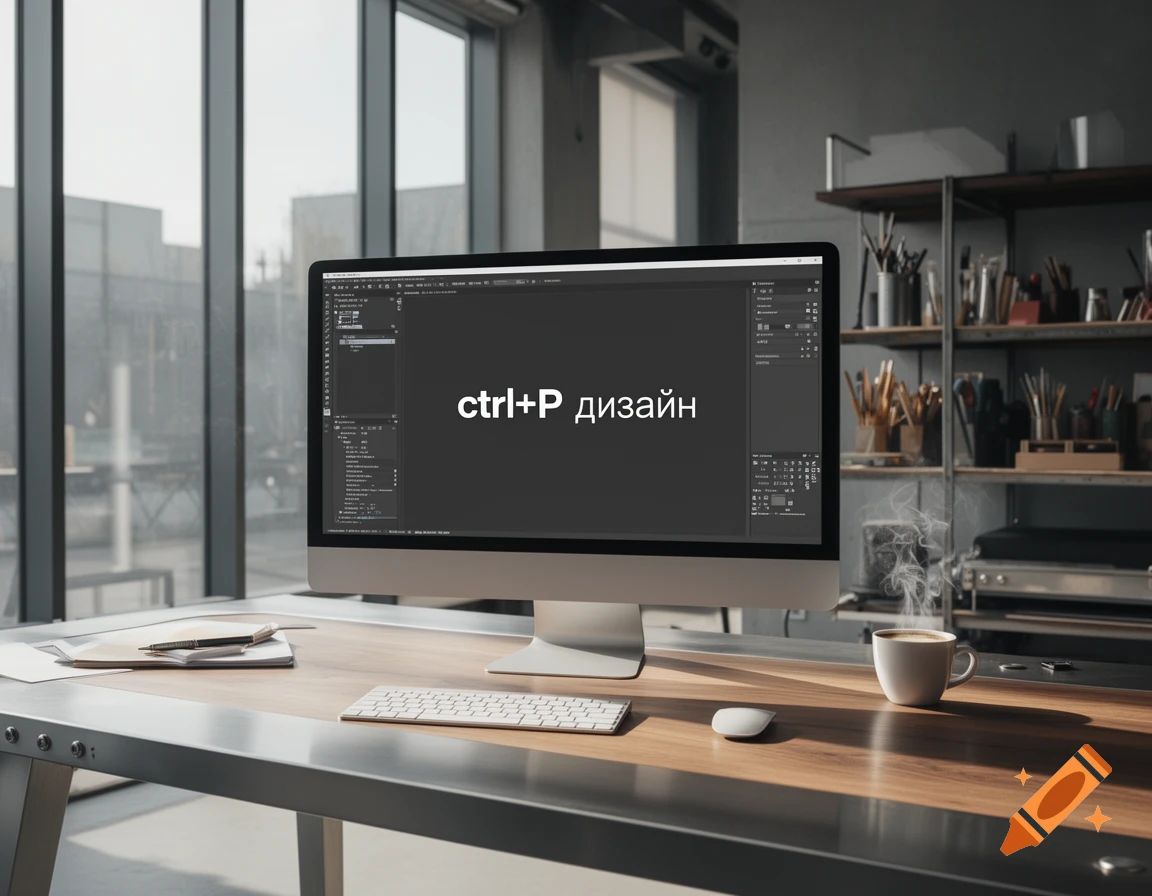A modern office desk with a computer displaying "ctrl+P дизайн", a keyboard, mouse, and a steaming coffee cup, next to a window.
