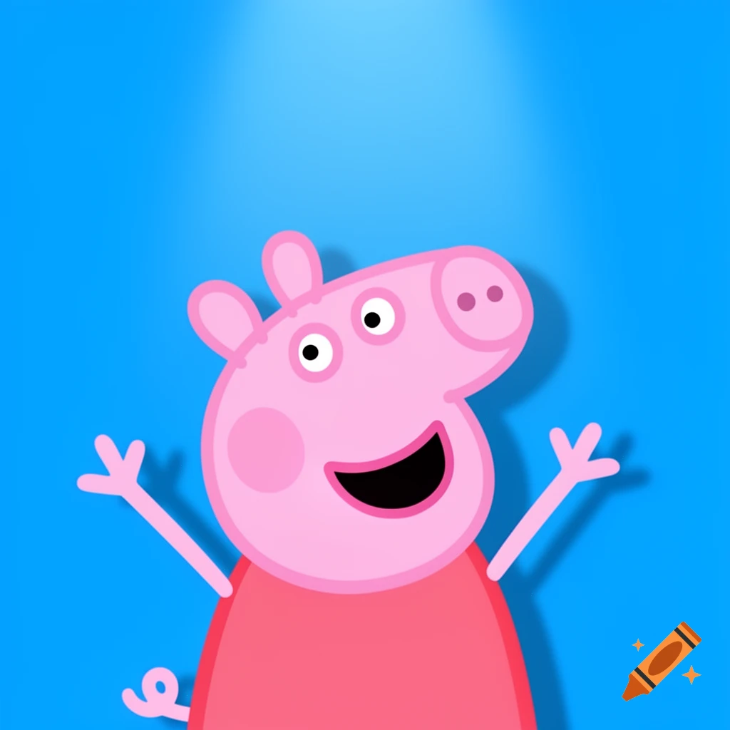 Cartoon Peppa Pig with arms raised and a big smile against a vibrant blue background.