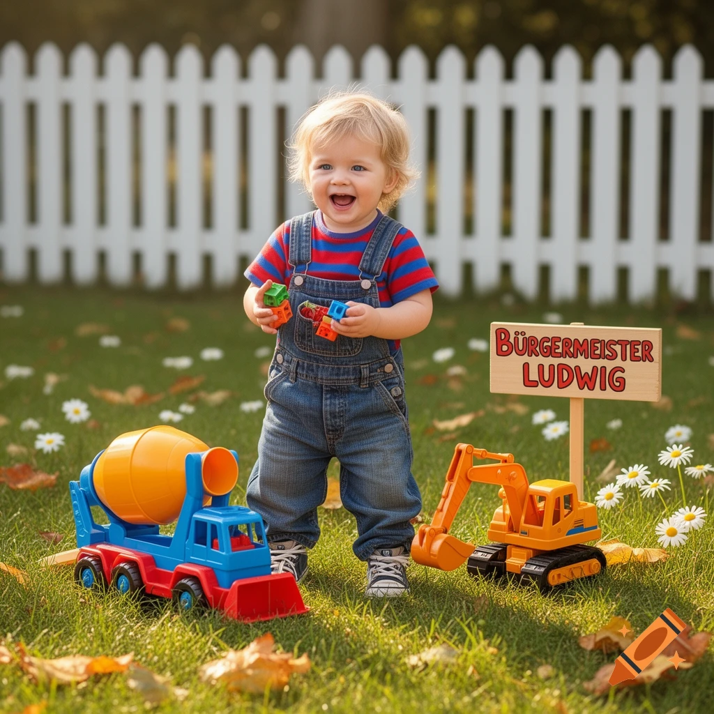 A happy baby in overalls plays in a sunny garden with toy construction vehicles and a sign that reads 'Bürgermeister Ludwig'.