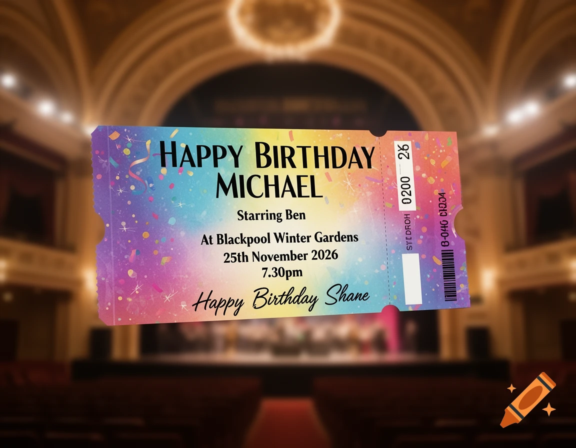 A vibrant rainbow-colored birthday event ticket for Michael, featuring confetti, set against a blurred theater auditorium.