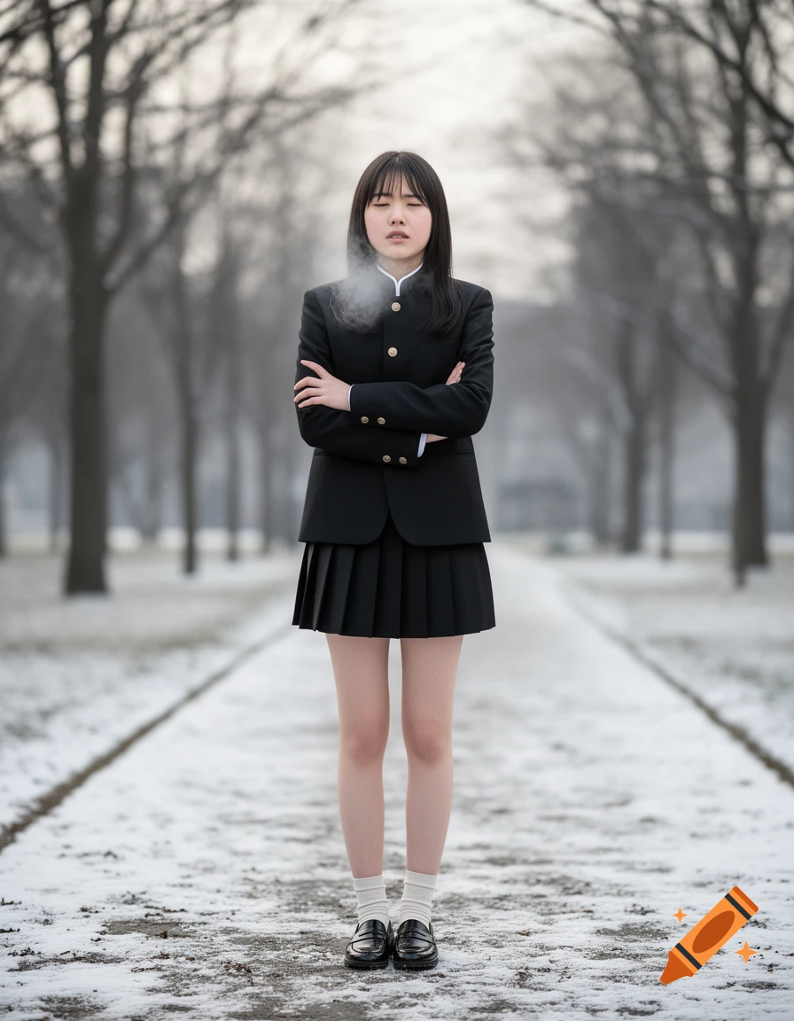 A young woman in a black school uniform stands on a snowy path, exhaling visible breath in cold weather.