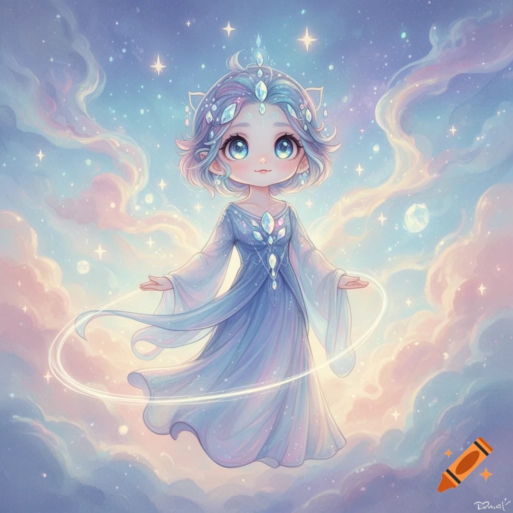 A cute chibi character with blue hair and big eyes, wearing a blue crystal dress, floats in a magical sky surrounded by pastel clouds and stars.