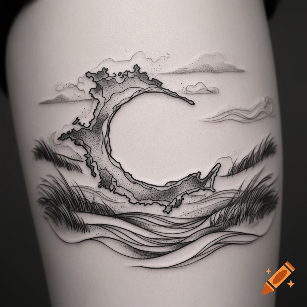 A minimalist black and white tattoo design of a wave resembling an island, with stippled shading, grass, and clouds.