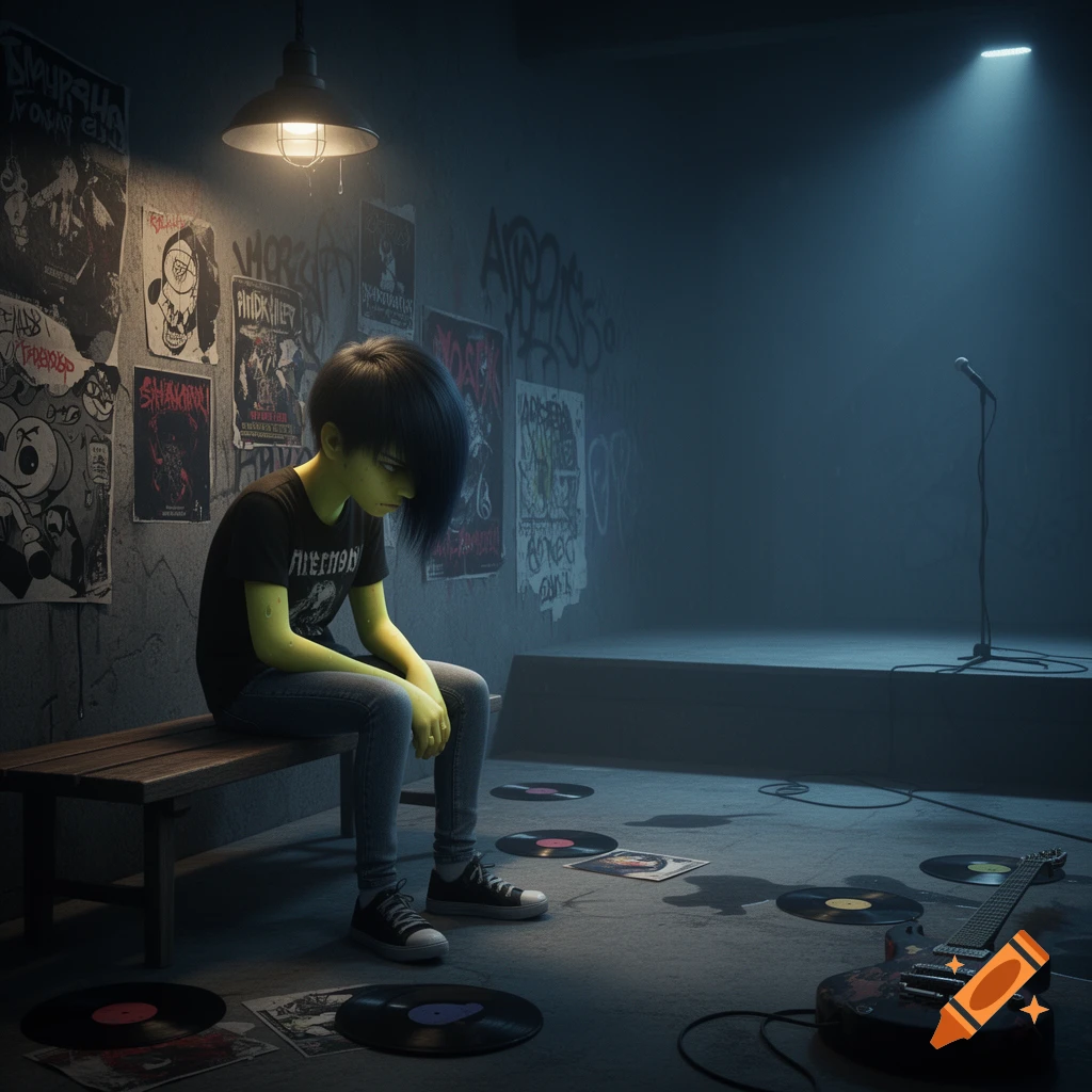 A sad, green-skinned emo cartoon character sits on a bench in a dimly lit room with band posters and music gear.