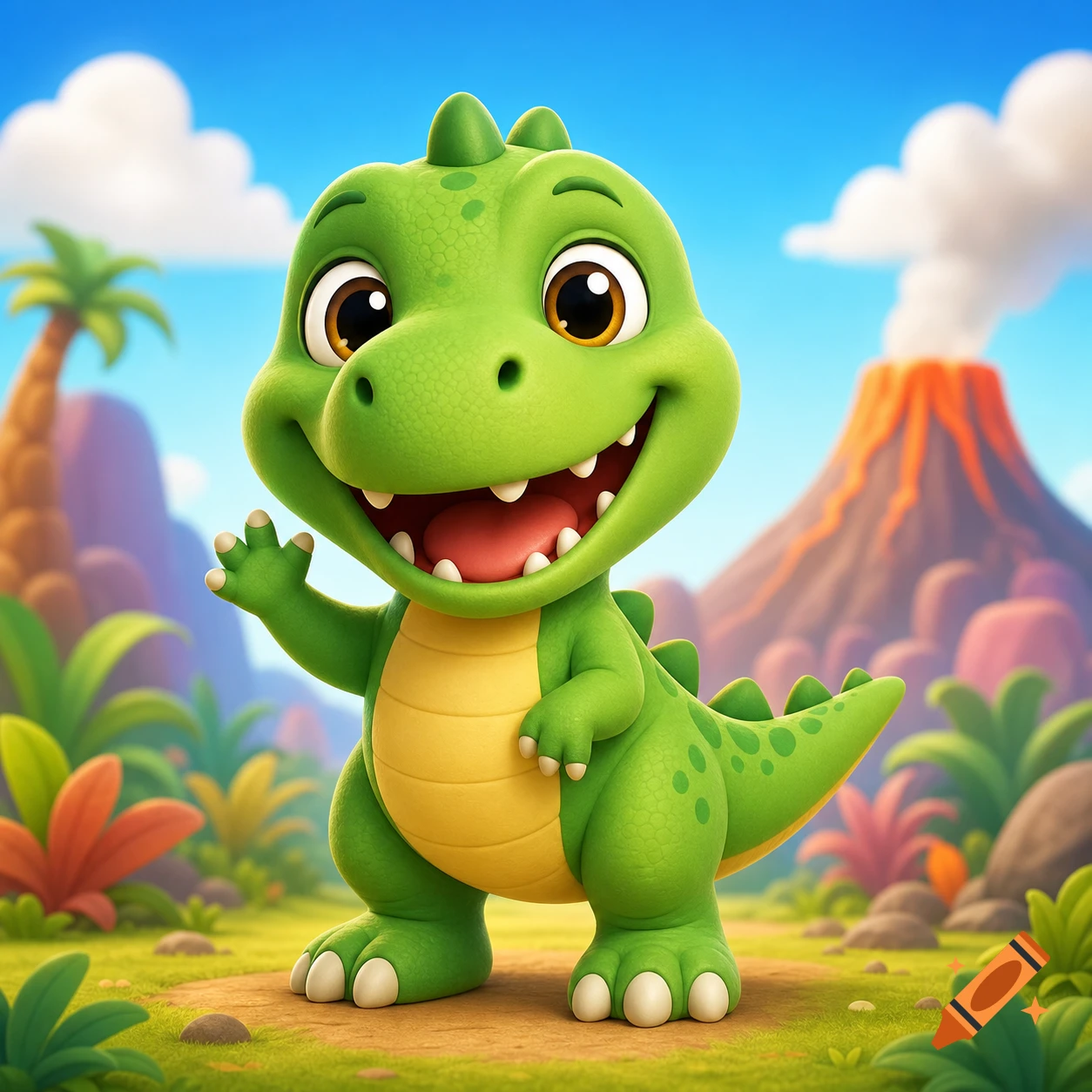 Cute green baby dinosaur mascot waving and smiling in a lush prehistoric landscape with a volcano, 3D cartoon style.