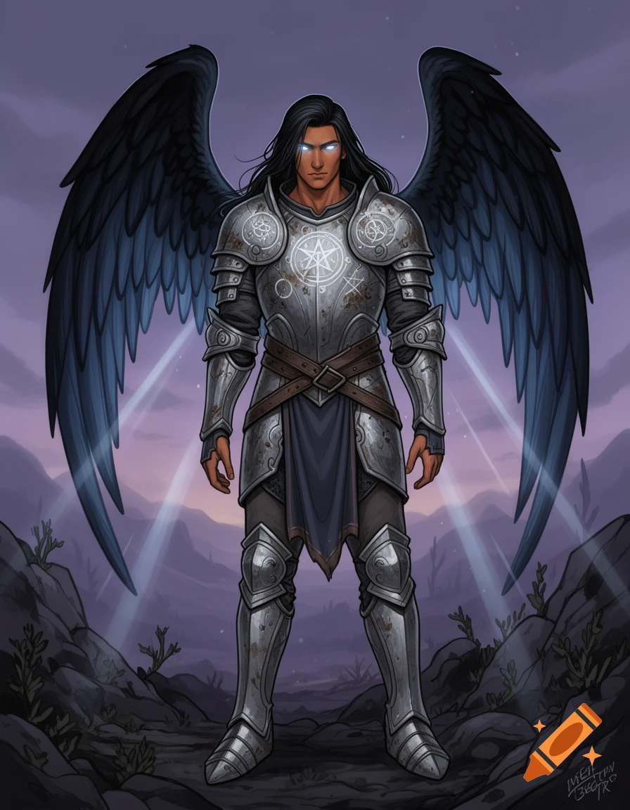An illustration of a tan-skinned Aasimar with black hair and blue glowing eyes, wearing weathered silver armor and large blue-black angel wings, standing on rocky ground.