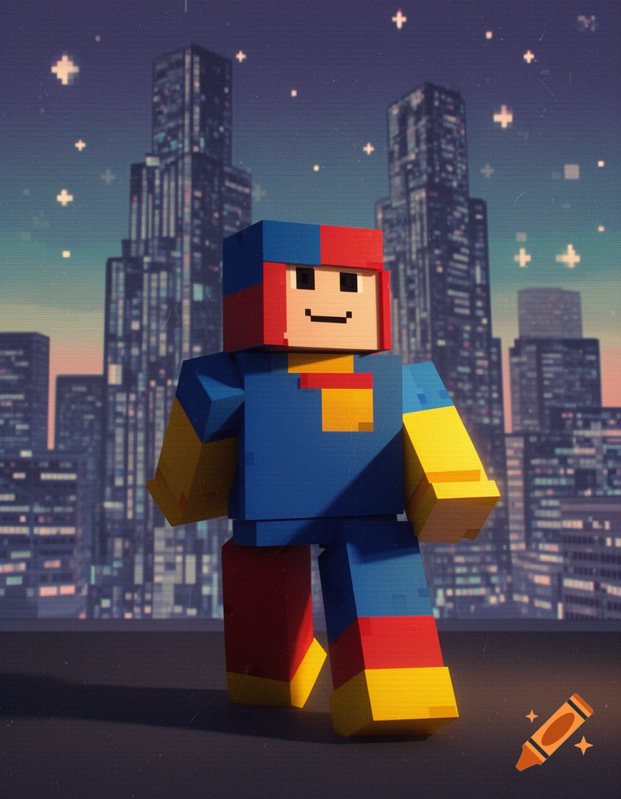A blocky, pixelated character in red, blue, and yellow stands on a rooftop overlooking a retro pixel art city at night.