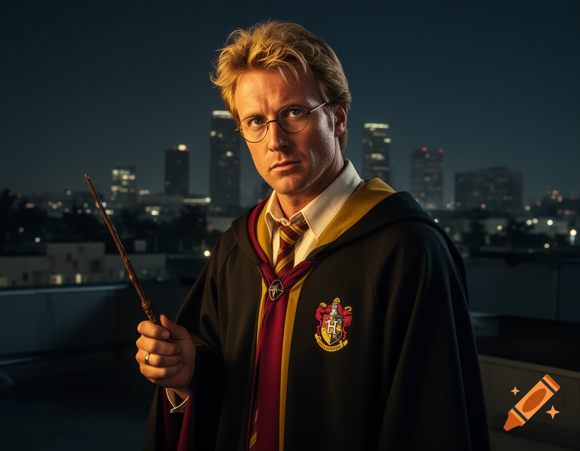 A man in Harry Potter's Gryffindor robes and glasses holds a wand, looking serious against a city skyline at night.