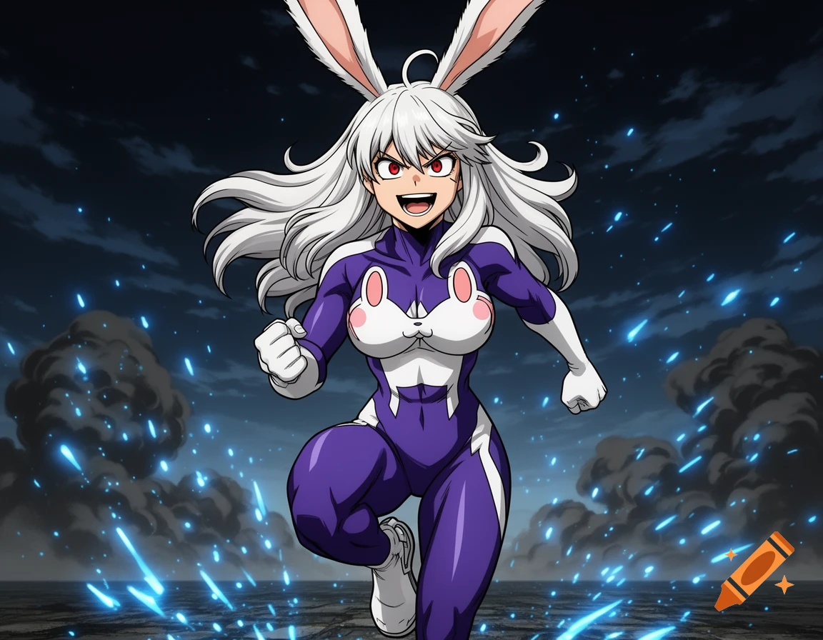 Anime Mirko from MHA with white hair and rabbit ears, in a purple and white superhero suit, running through a dynamic scene with blue energy.