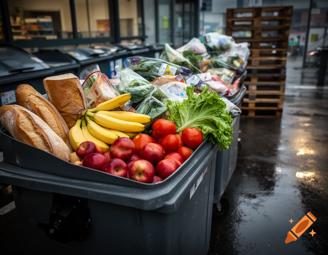 Close-up of fresh produce and bread overflowing from waste bins behind a supermarket on wet asphalt.
