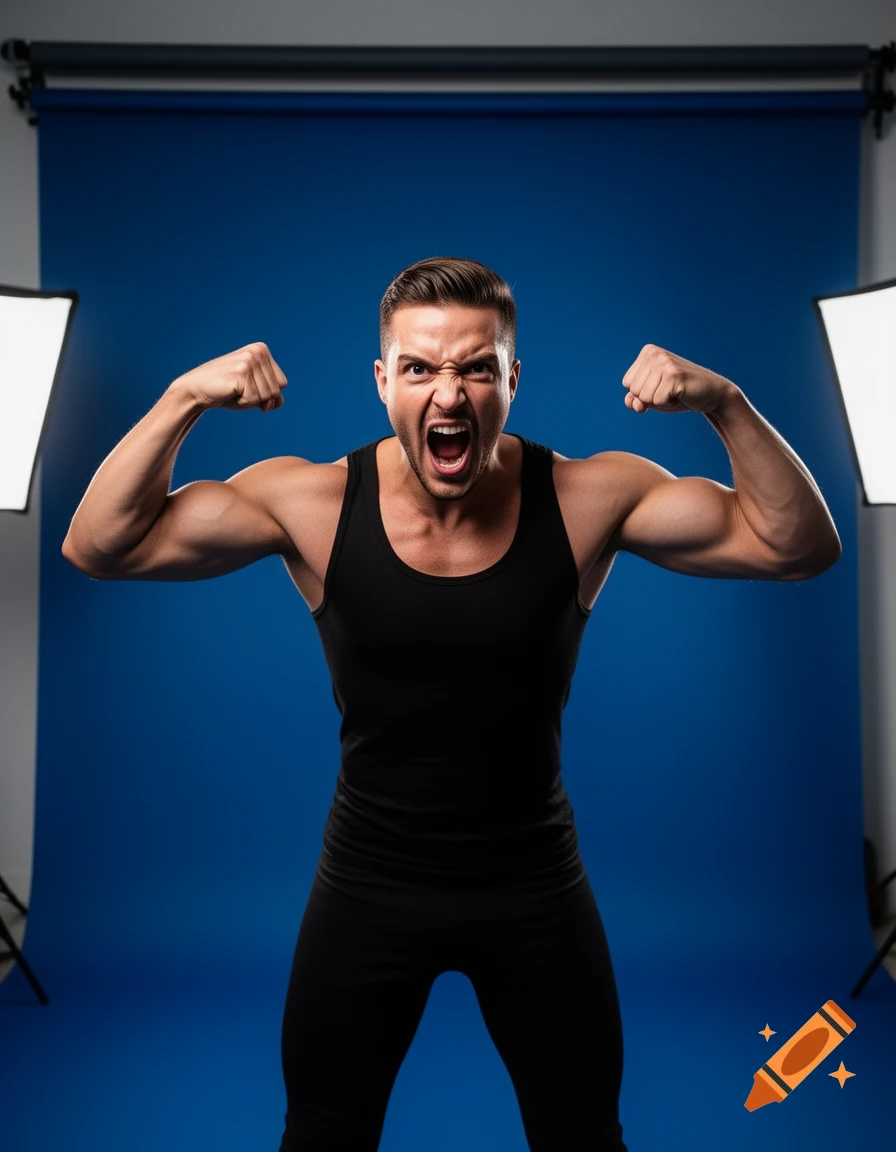 Muscular man in a black tank top flexing his biceps and screaming at the camera against a blue studio background.
