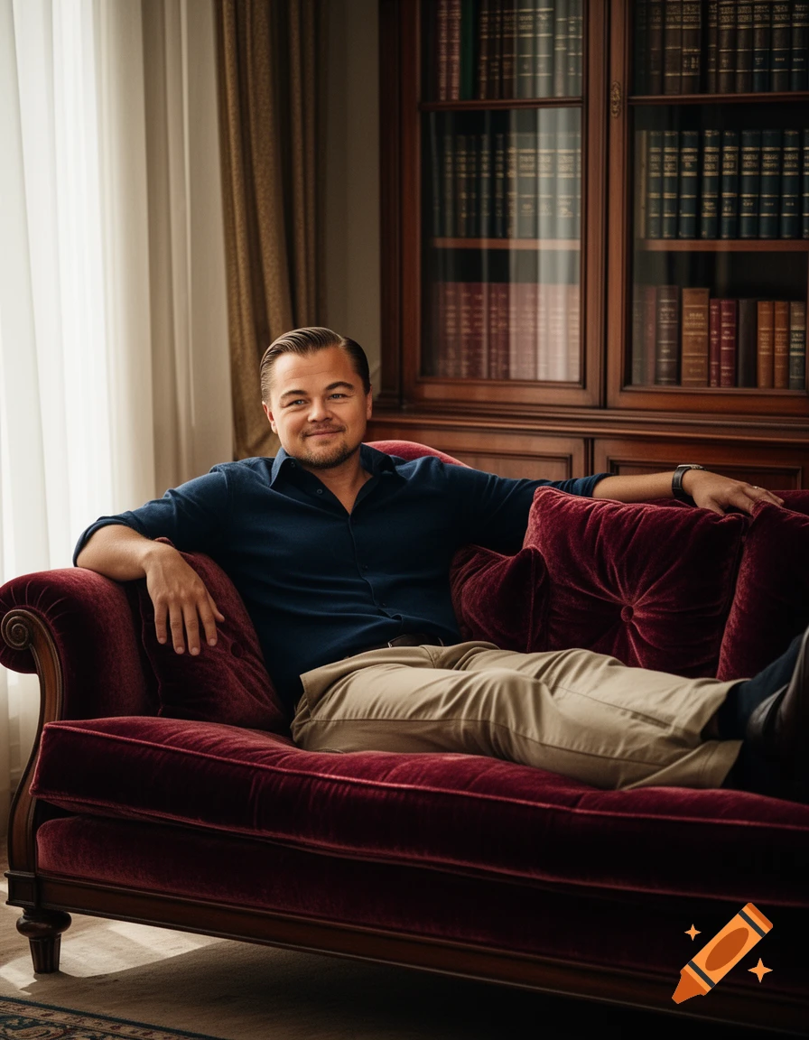 A smiling man resembling Leonardo DiCaprio reclines on a red velvet sofa, with a bookshelf visible in the background.