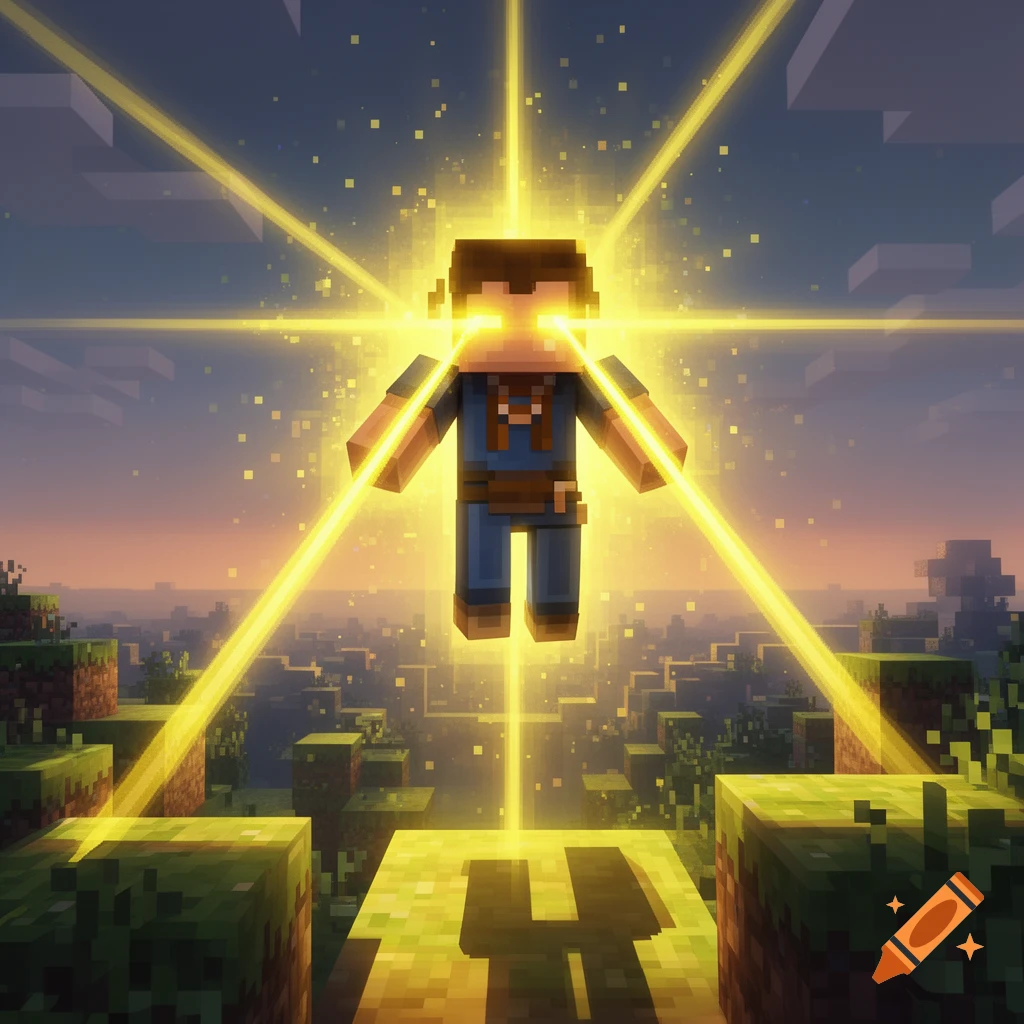 Minecraft-style avatar with glowing eyes and radiating yellow light beams, floating above a blocky landscape at sunset.