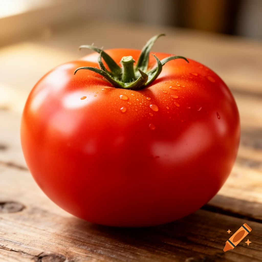 A vibrant red tomato with glistening water droplets rests on a rustic wooden table in a close-up, photorealistic shot.
