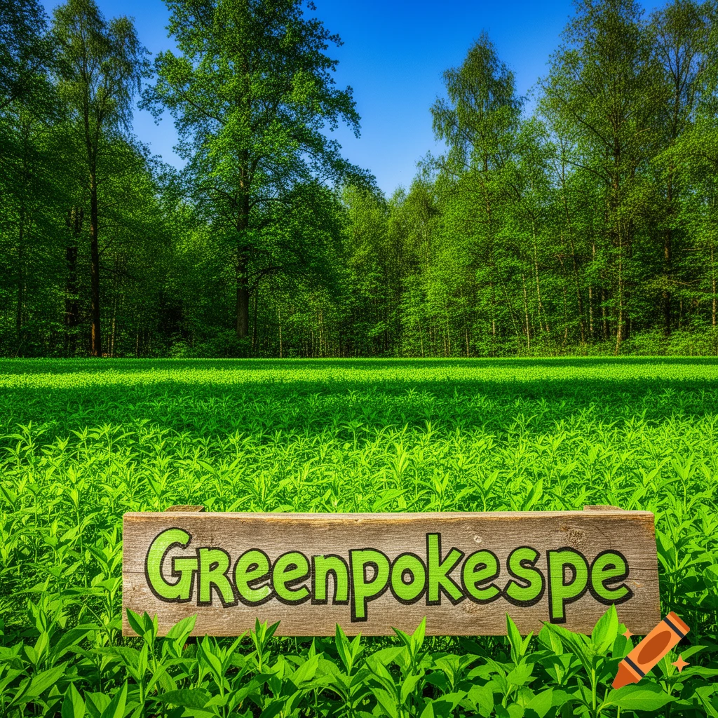 A wooden sign with "Greenpokespe" in green letters stands in a vibrant green field in front of a dense forest under a blue sky.