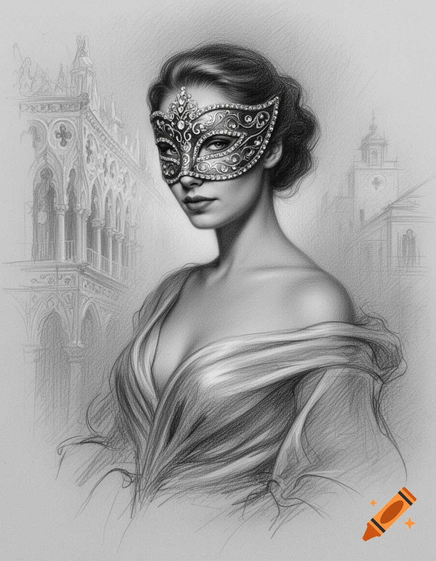 Pencil drawing of a woman in an ornate Venetian masquerade mask and off-the-shoulder dress, with sketched Venetian architecture in the background.
