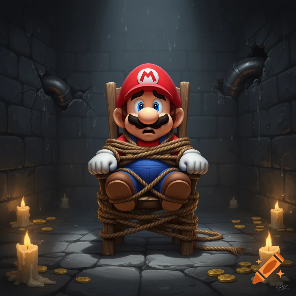 Stylized Mario character, tied to a wooden chair with rope, sits in a dark stone dungeon with lit candles and gold coins.