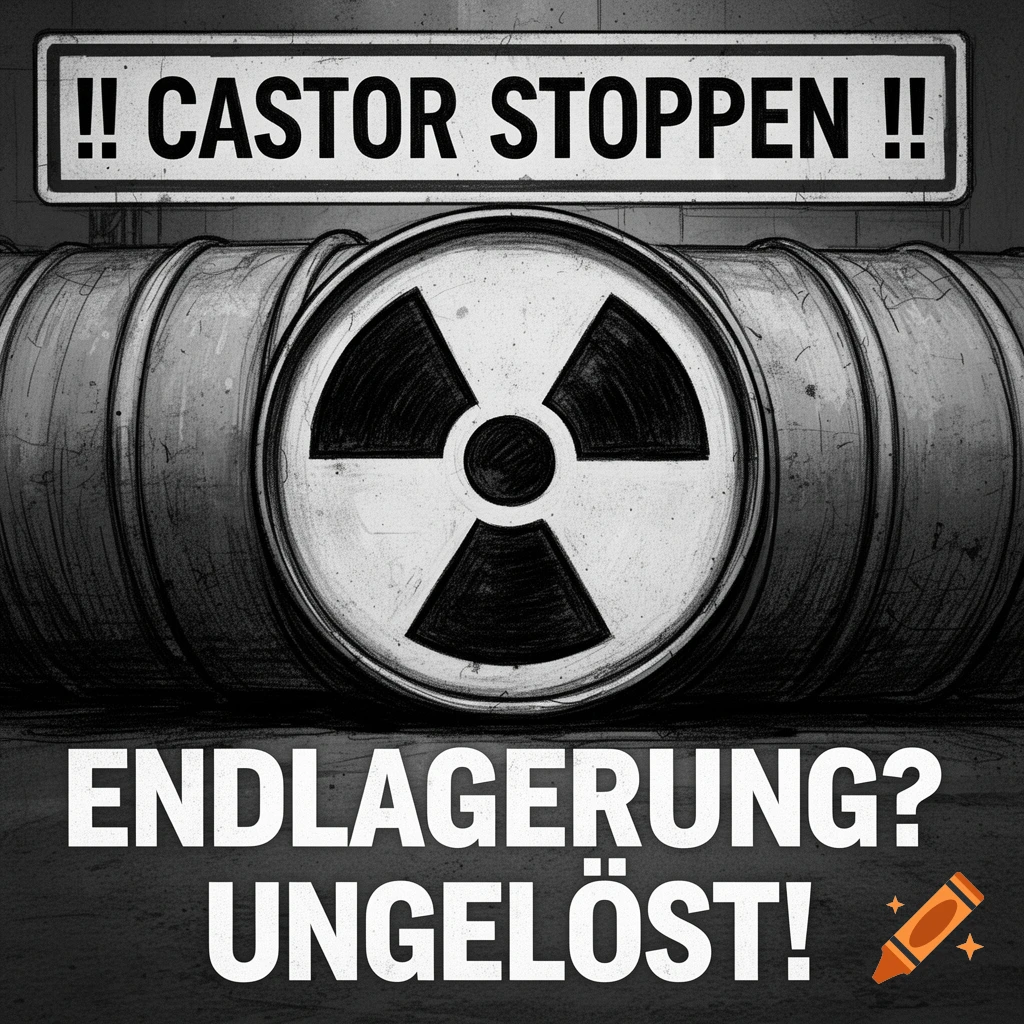 Gritty black and white image of a nuclear waste barrel with a radiation symbol. Text reads '!! CASTOR STOPPEN !! ENDLAGERUNG? UNGELÖST!'
