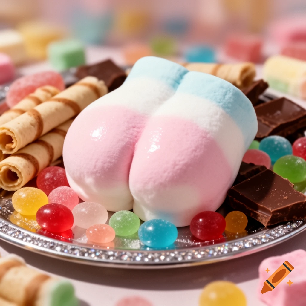 A close-up of a marshmallow shaped like buttocks, pink and white with a blue top stripe, on a silver tray with colorful gummy candies, chocolate, and wafer rolls.