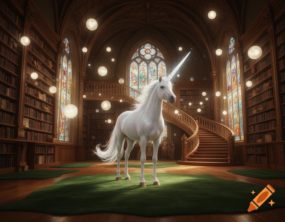 A majestic white unicorn with a sparkling horn stands on green moss in a grand, enchanting library filled with books, stained glass, and glowing orbs.