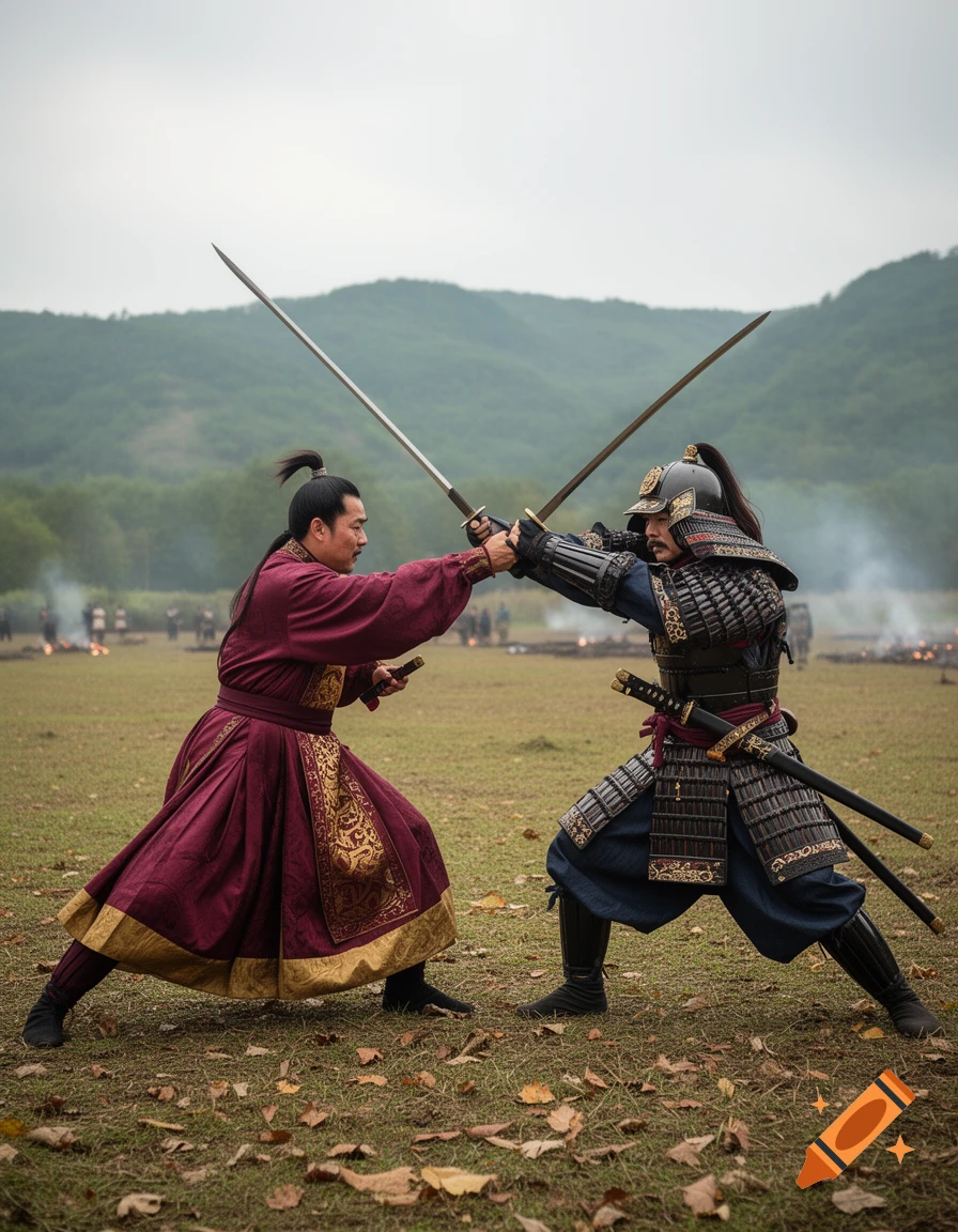 Two historical warriors, one in a red robe and one in dark samurai armor, duel with swords on a grassy battlefield under a cloudy sky.