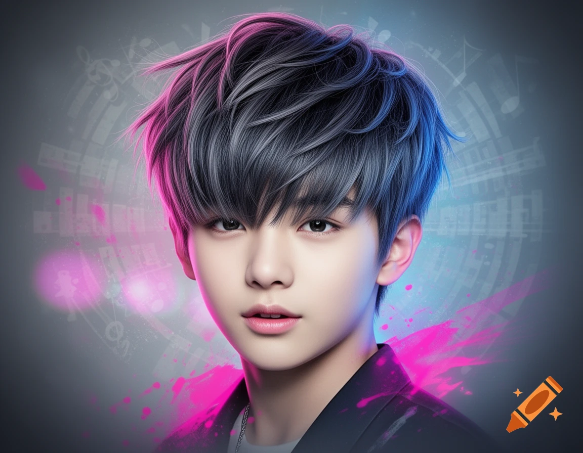 Stylized digital art portrait of a young boy with grey and pink-blue K-pop style messy hair, against a dark background with musical notes and pink and blue light effects.