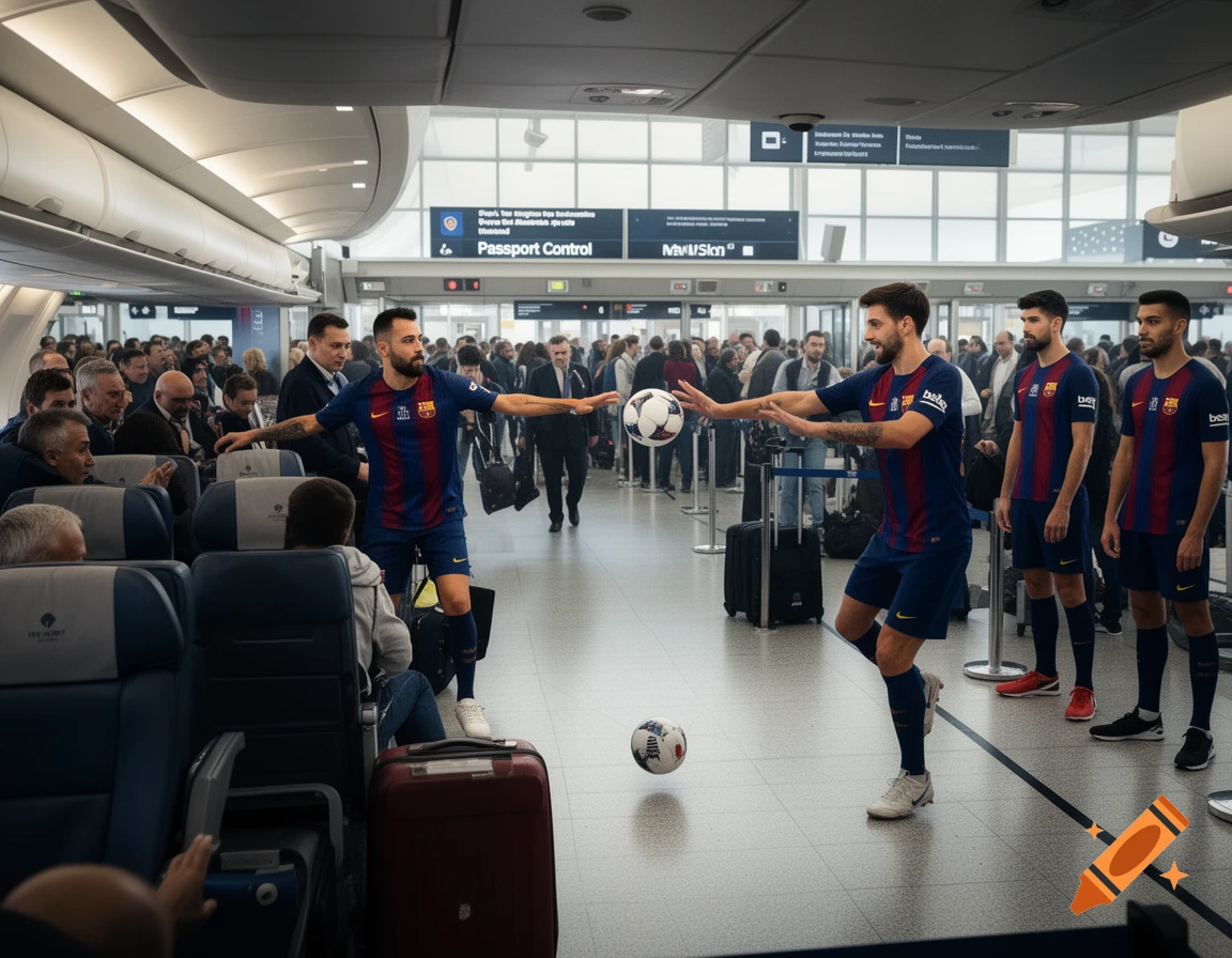 Soccer players in Barcelona FC jerseys playing with a ball inside an airplane cabin and an airport terminal.