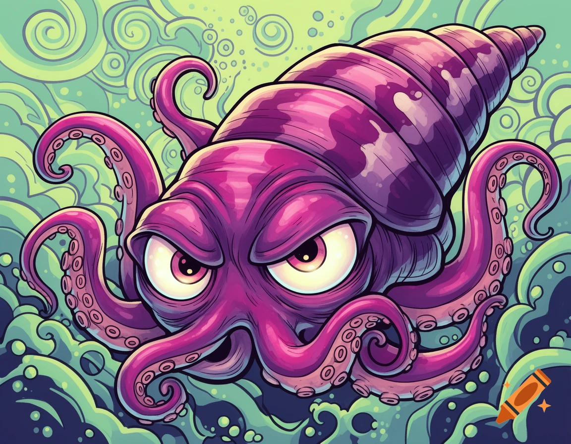 A grumpy, purple cartoon octopus with a large spiraled shell for a head, tentacles in swirling green water.