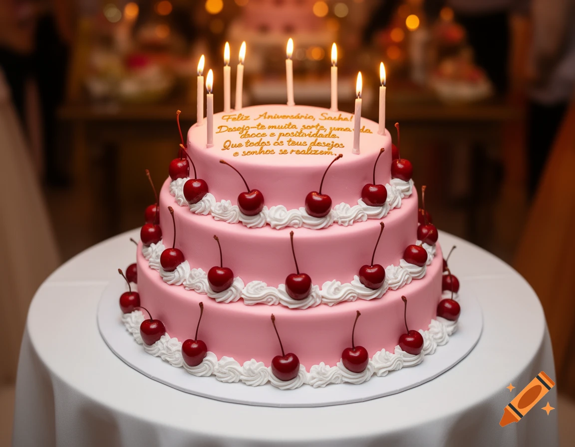 A pink three-tiered birthday cake adorned with cherries, white frosting, and lit candles, sitting on a white table.