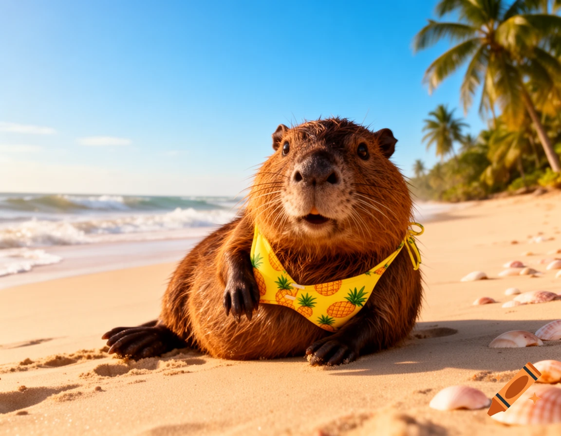 A cute capybara wearing a yellow pineapple-patterned bikini lies on a sunny sandy beach with ocean waves and palm trees in the background.