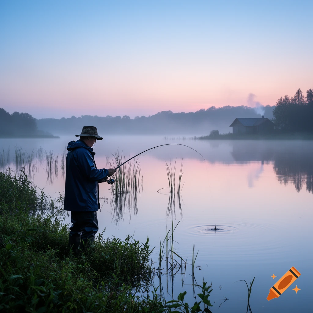 A lone fisherman casts a line into a misty lake at dawn, a small cabin nestled in distant fog, realistic style.