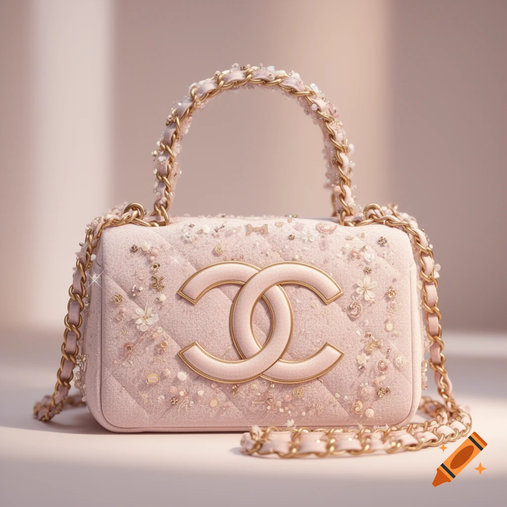 A light pink quilted Chanel handbag with a gold interlocking C logo, adorned with small pearls and floral embellishments, featuring a chain strap.